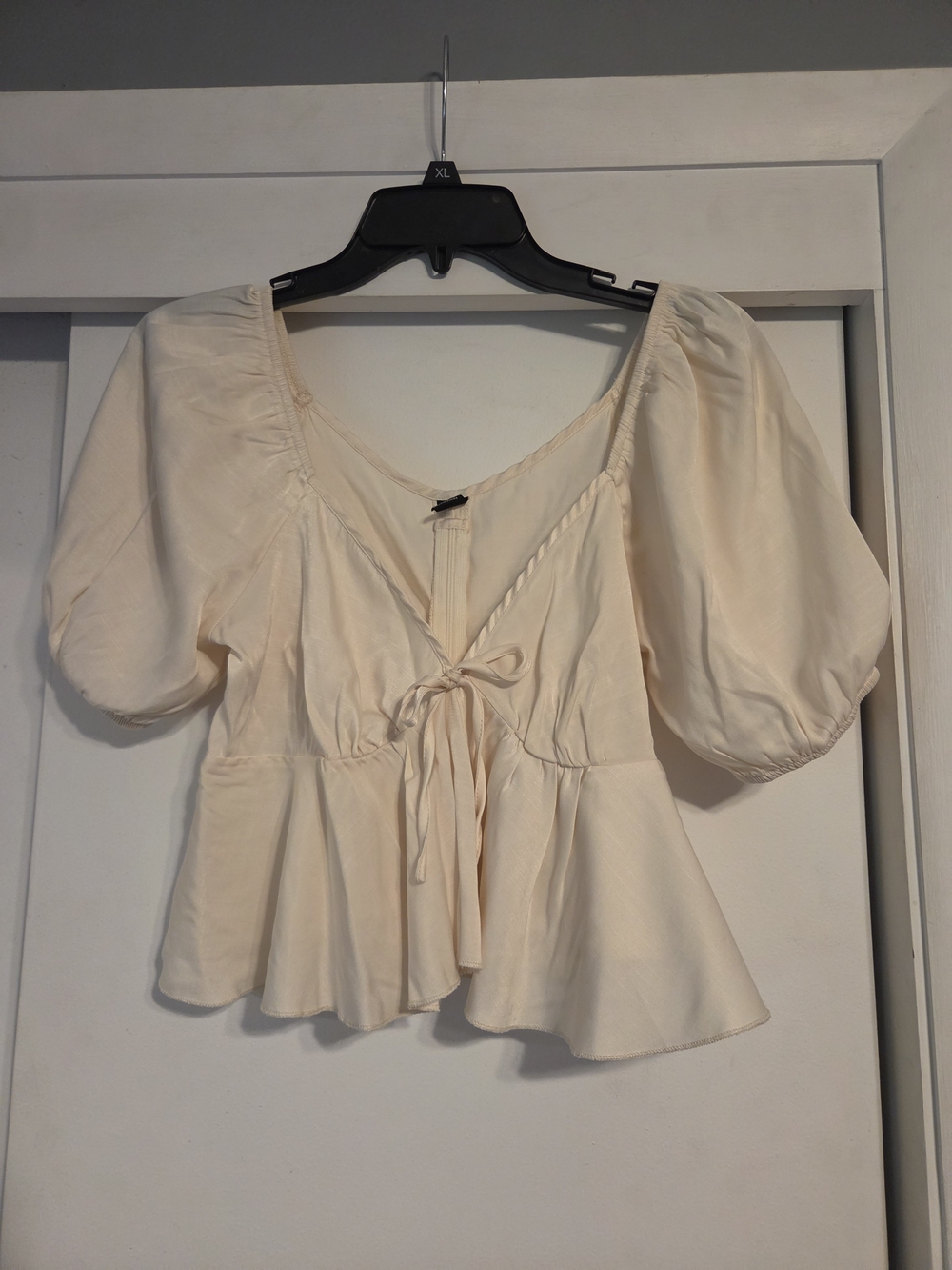 SHEIN Ivory Puff-Sleeve Tie-Front Peplum Top
